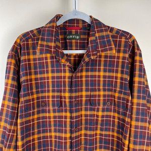 Orvis Shirt Long Sleeve Button Up Plaid Burgundy‎ Navy Orange Mens Large